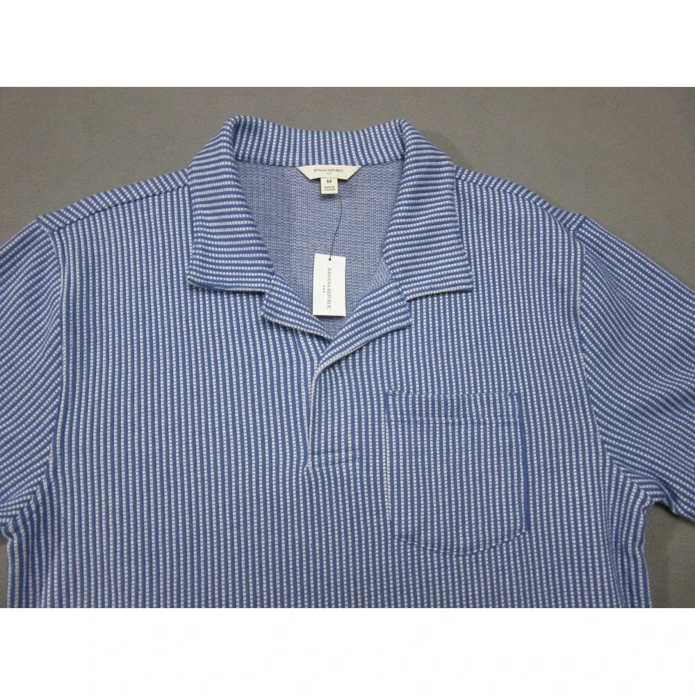 Banana Republic Polo Shirt Mens Medium Blue Striped Short Sleeve Pocket Pique